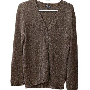 Marilena Brown Gold Sparkly Chunky Toggle Knit Cardigan Sweater Medium